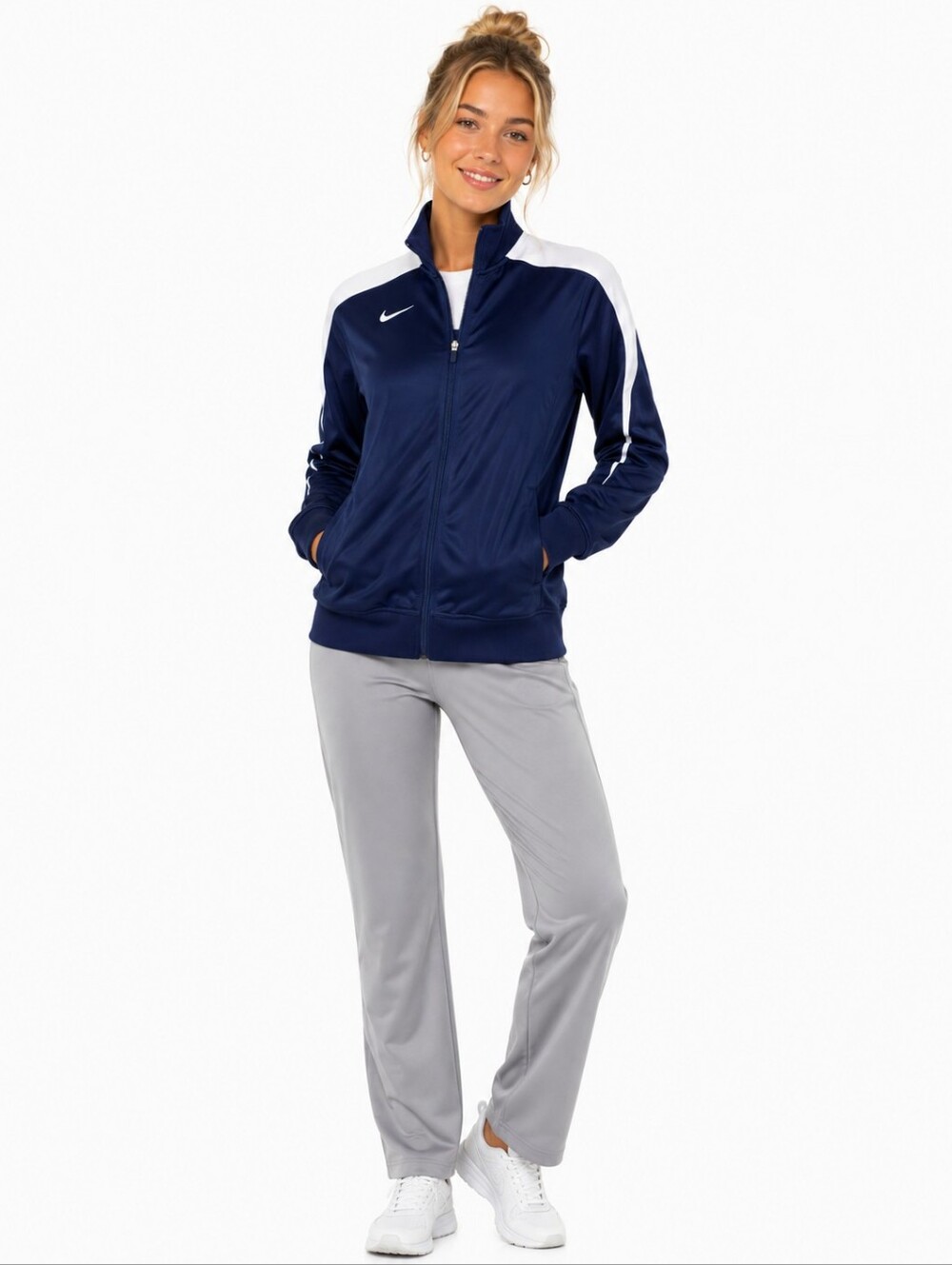 Nike Womens Dri-FIT full zip warm up track jacket Navy Blue White Size Large T